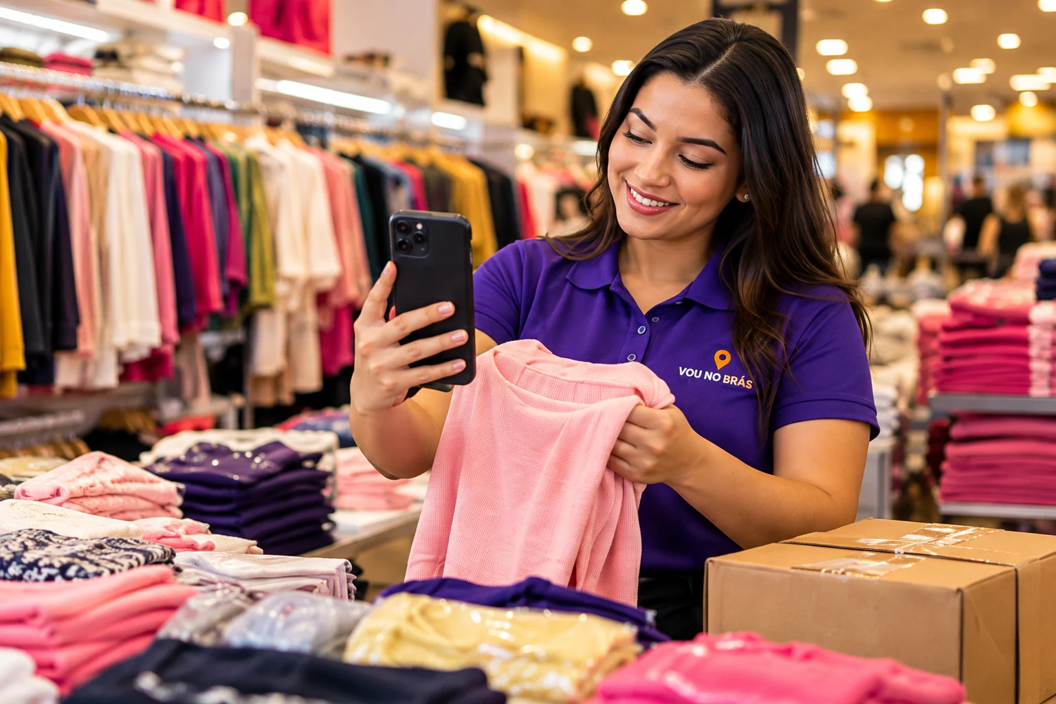 Profissional com uniforme Vou no Brás apresenta uma blusa pelo celular