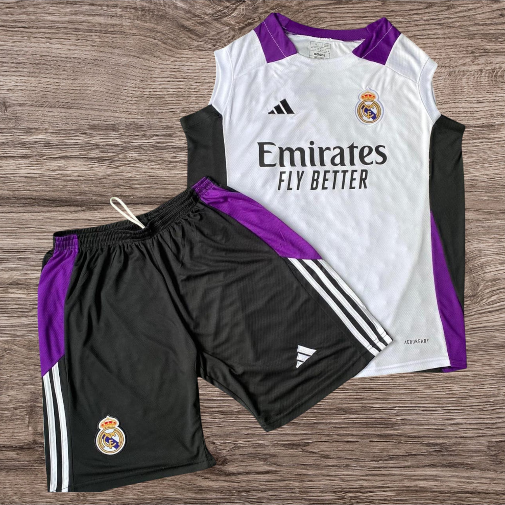 Conjunto esportivo Real Madrid com logo Adidas – Atacado no Brás