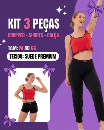Kit 3 peças cropped, shorts e calça (suede premium) – Atacado no Brás