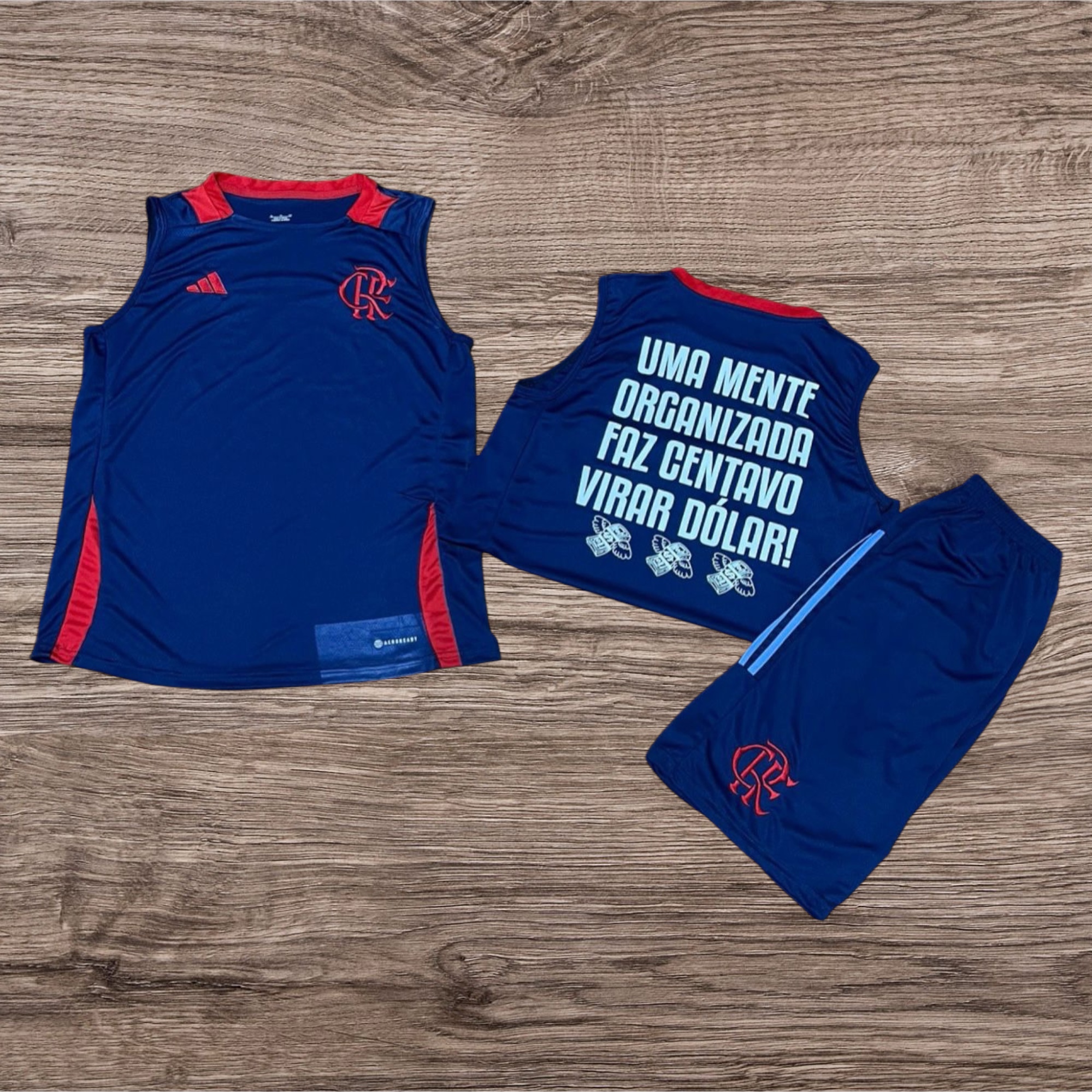 Conjunto regata e short azul com monograma CR e logo Adidas – Atacado no Brás
