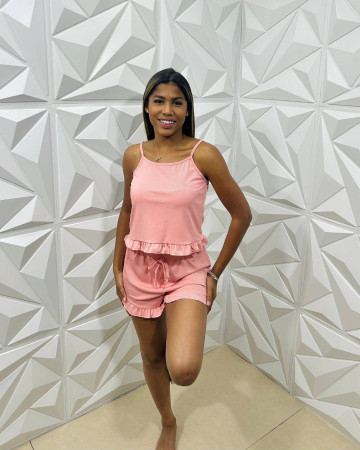 Conjunto pijama regata com babado e short rosa – Atacado no Brás