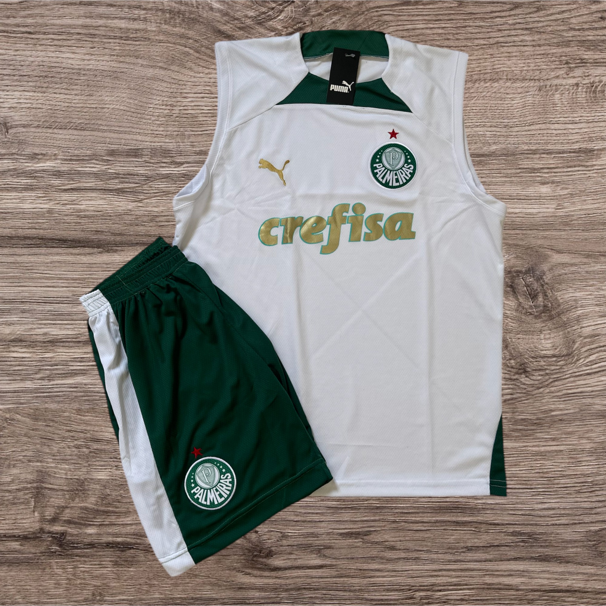 Conjunto regata e shorts Palmeiras Puma branco e verde – Atacado no Brás