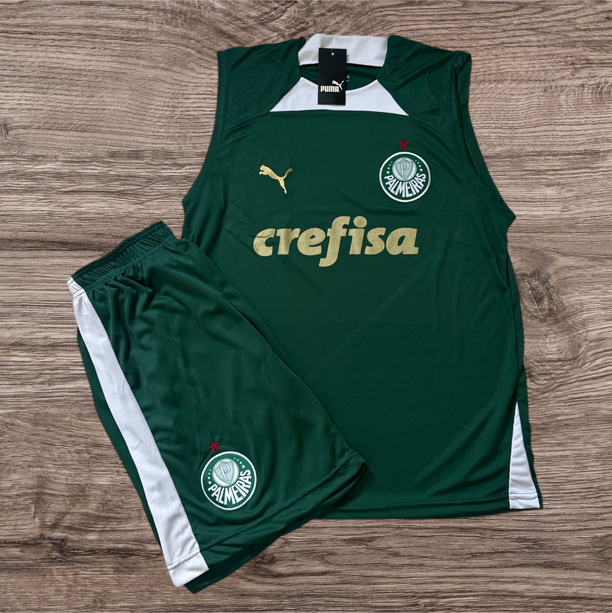 Conjunto regata e short Palmeiras com logo Puma – Atacado no Brás