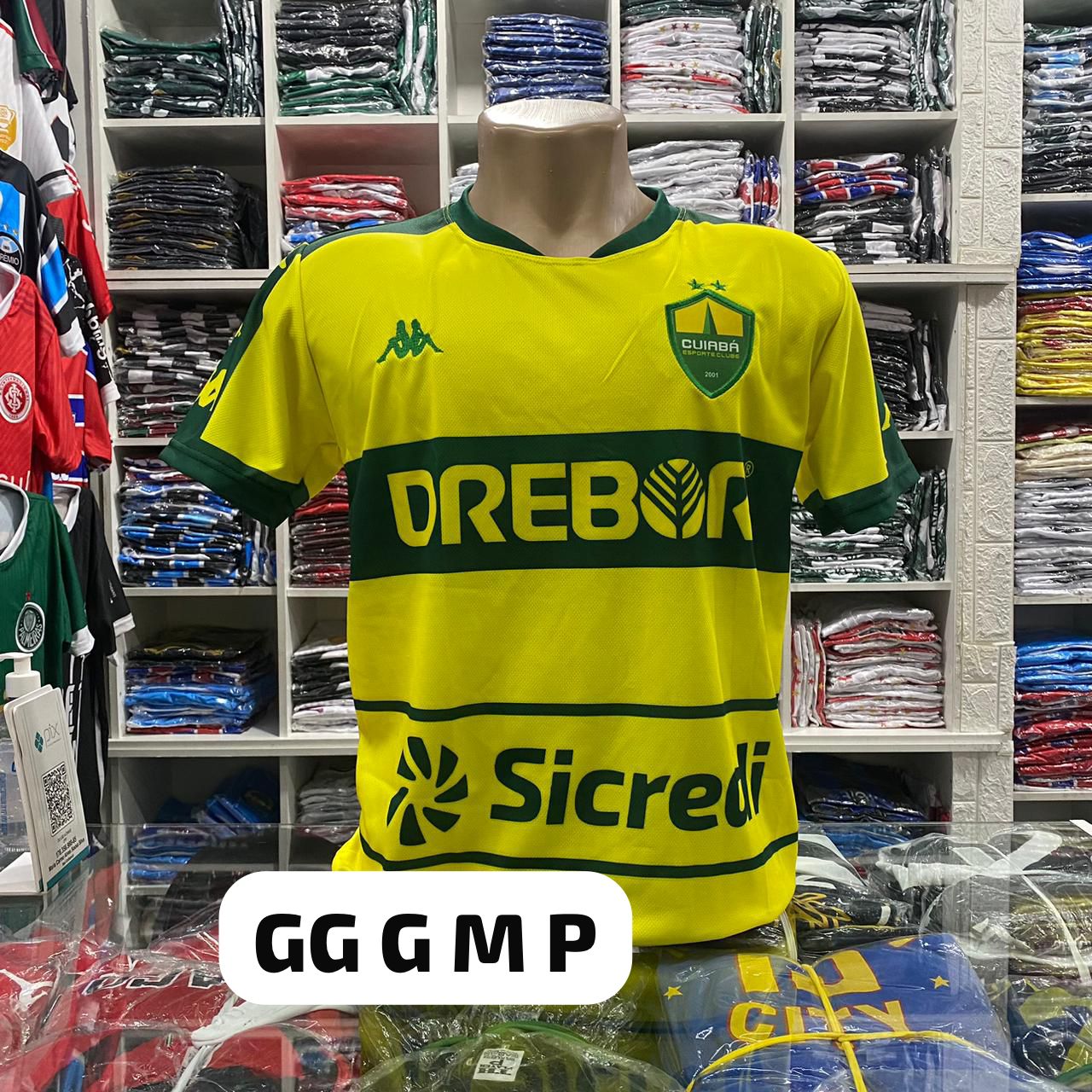 Camisa Cuiabá amarela e verde com logos Drebor e Sicredi – Atacado no Brás