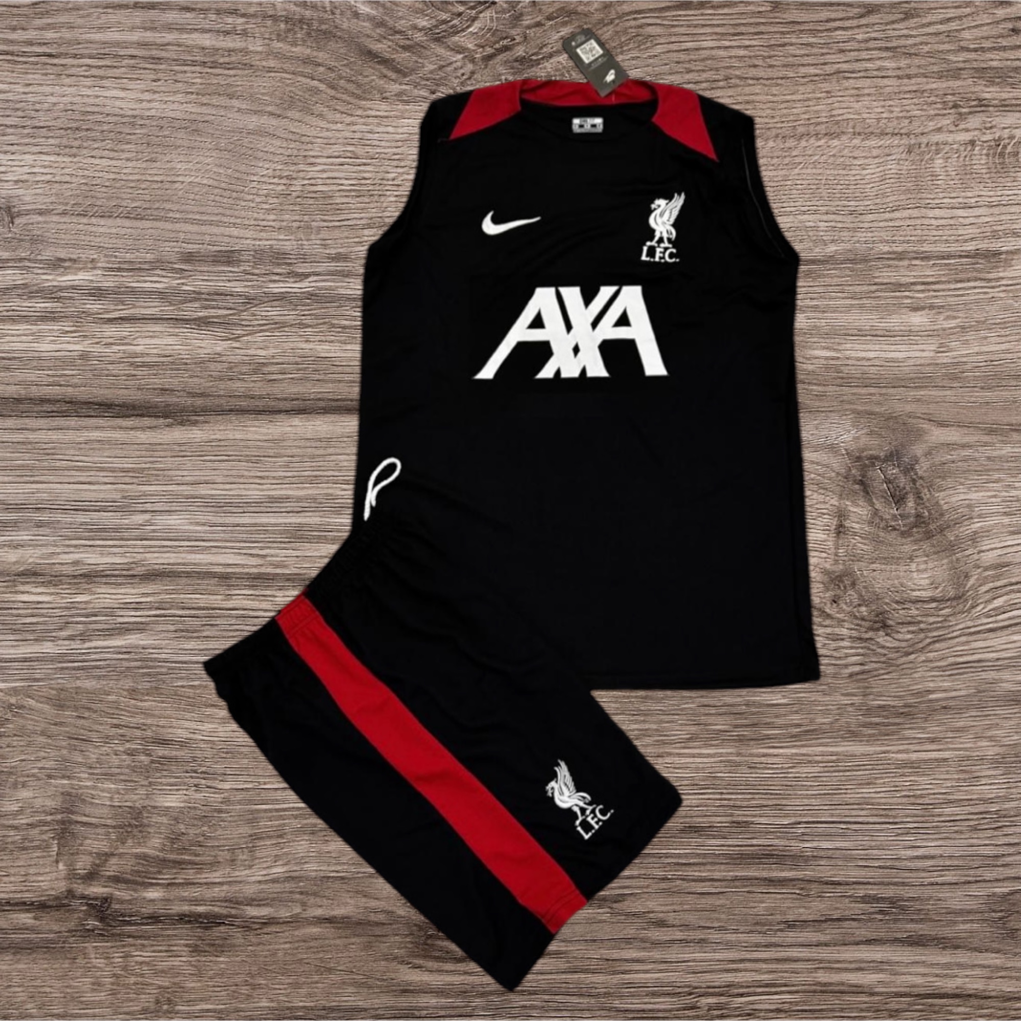 Conjunto regata e shorts Liverpool L.F.C. preto com vermelho – Atacado no Brás