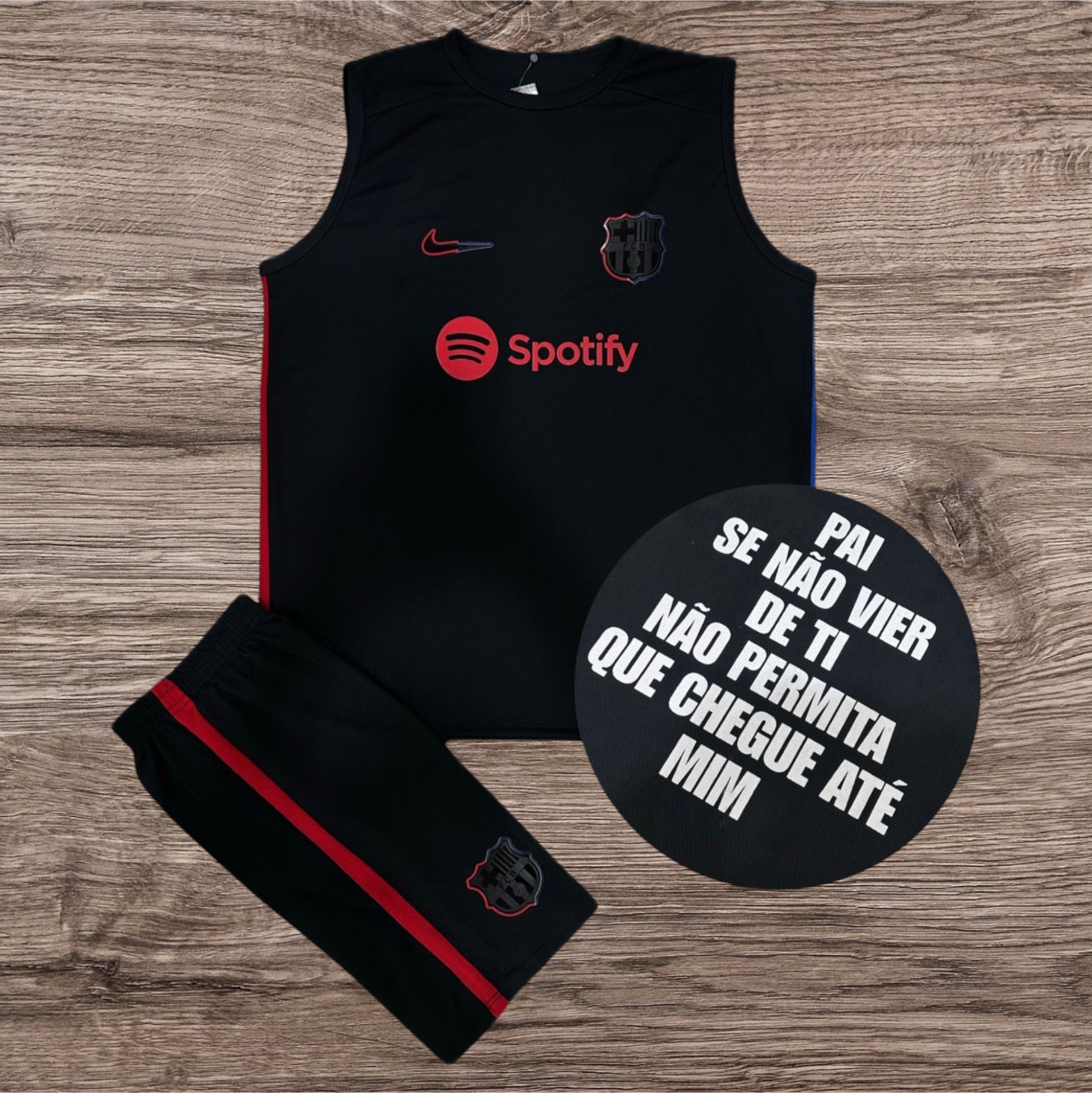 Conjunto regata e calça preta com logo Spotify e Nike, brasão – Atacado no Brás
