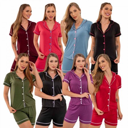 Conjunto Pijama Short com Botões e Vivo Contrastante – Atacado no Brás