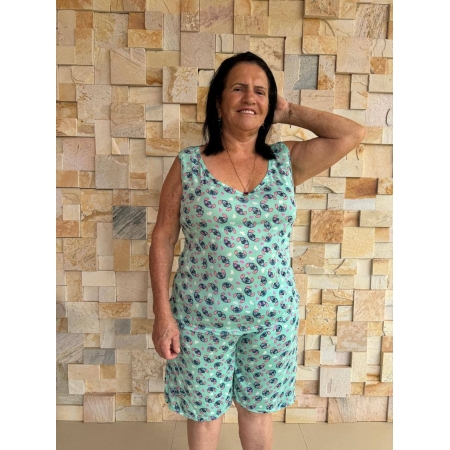 Conjunto regata e shorts verde água com estampa – Atacado no Brás