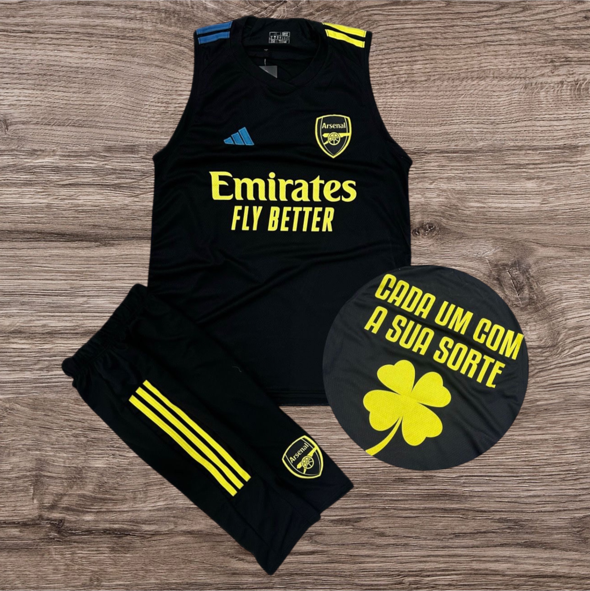 Conjunto regata e calça Arsenal com estampa Emirates – Atacado no Brás