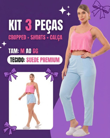 Kit 3 peças cropped, shorts e calça – Atacado no Brás