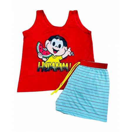 Conjunto pijama infantil regata vermelha com shorts listrado azul – Atacado no Brás