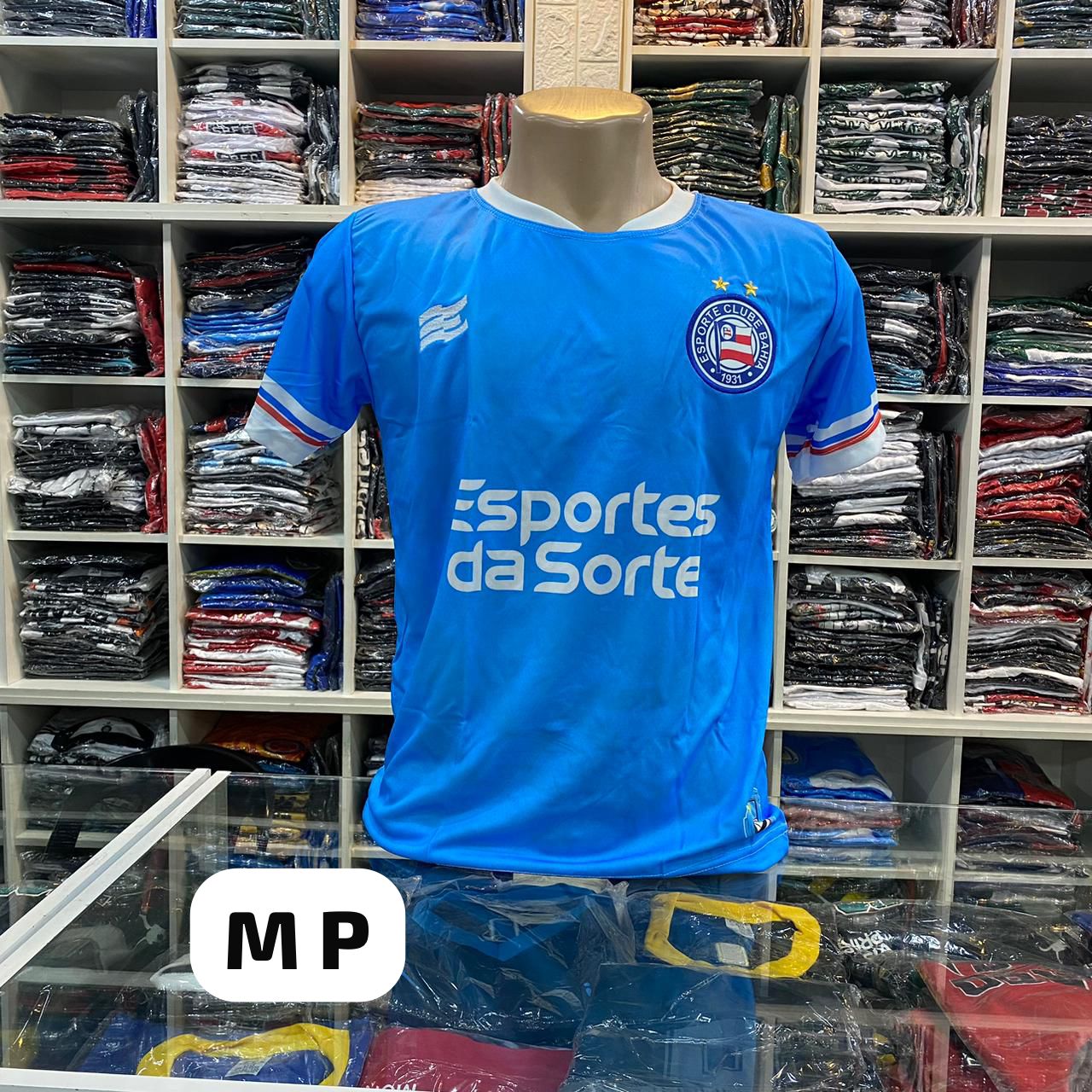 Camisa Esporte Clube Bahia azul com patrocínio – Atacado no Brás