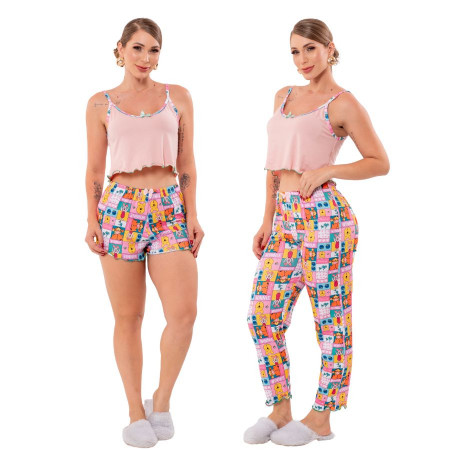 Conjunto pijama regata com short e calça estampada – Atacado no Brás