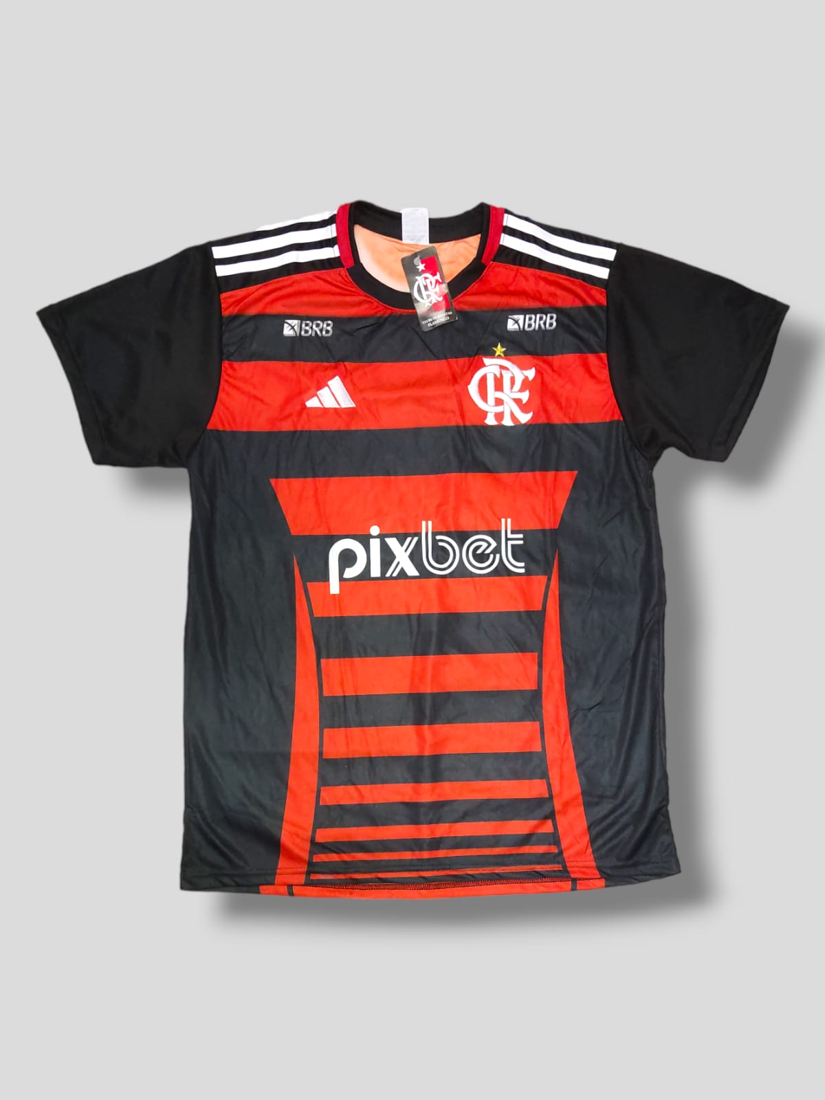 Camisa Flamengo com escudo CRF listrada vermelha e preta – Atacado no Brás