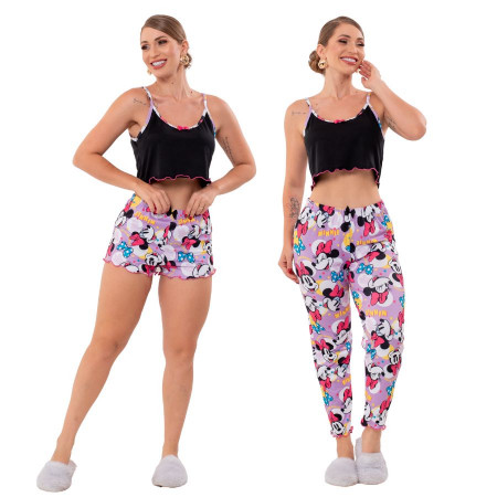 Conjunto de pijama com top, short e calça estampa Minnie – Atacado no Brás